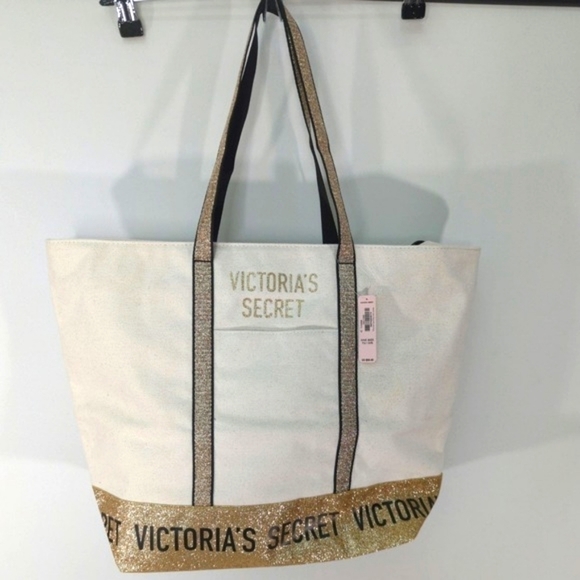 Victoria's  Secret Logo Gold Glitter Large Canvas Tote Bag NWT - Picture 1 of 8
